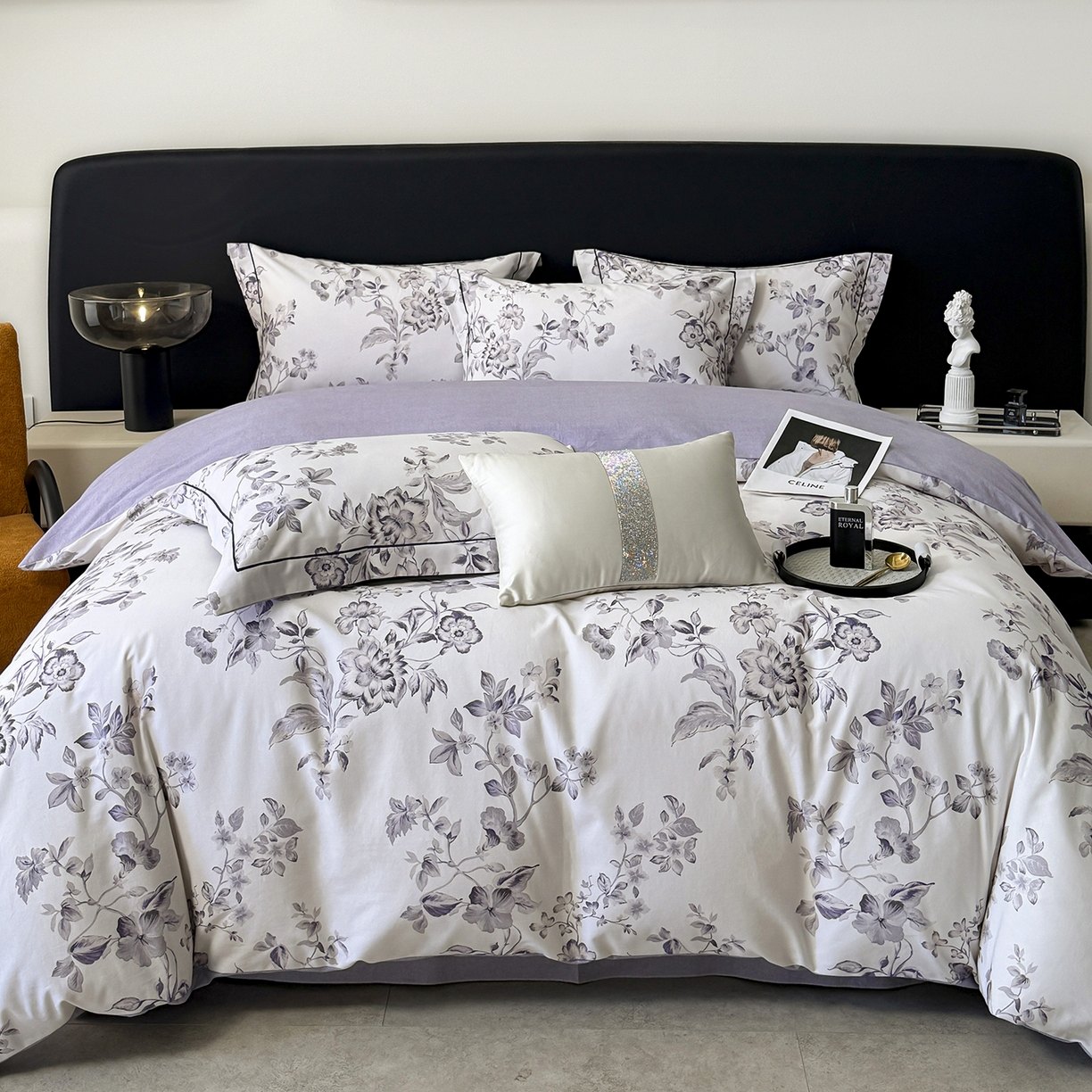 91家纺网 家纺一手货源 找家纺 清雅福2025新款A类全棉磨毛数码印花四件套 薇宁·白