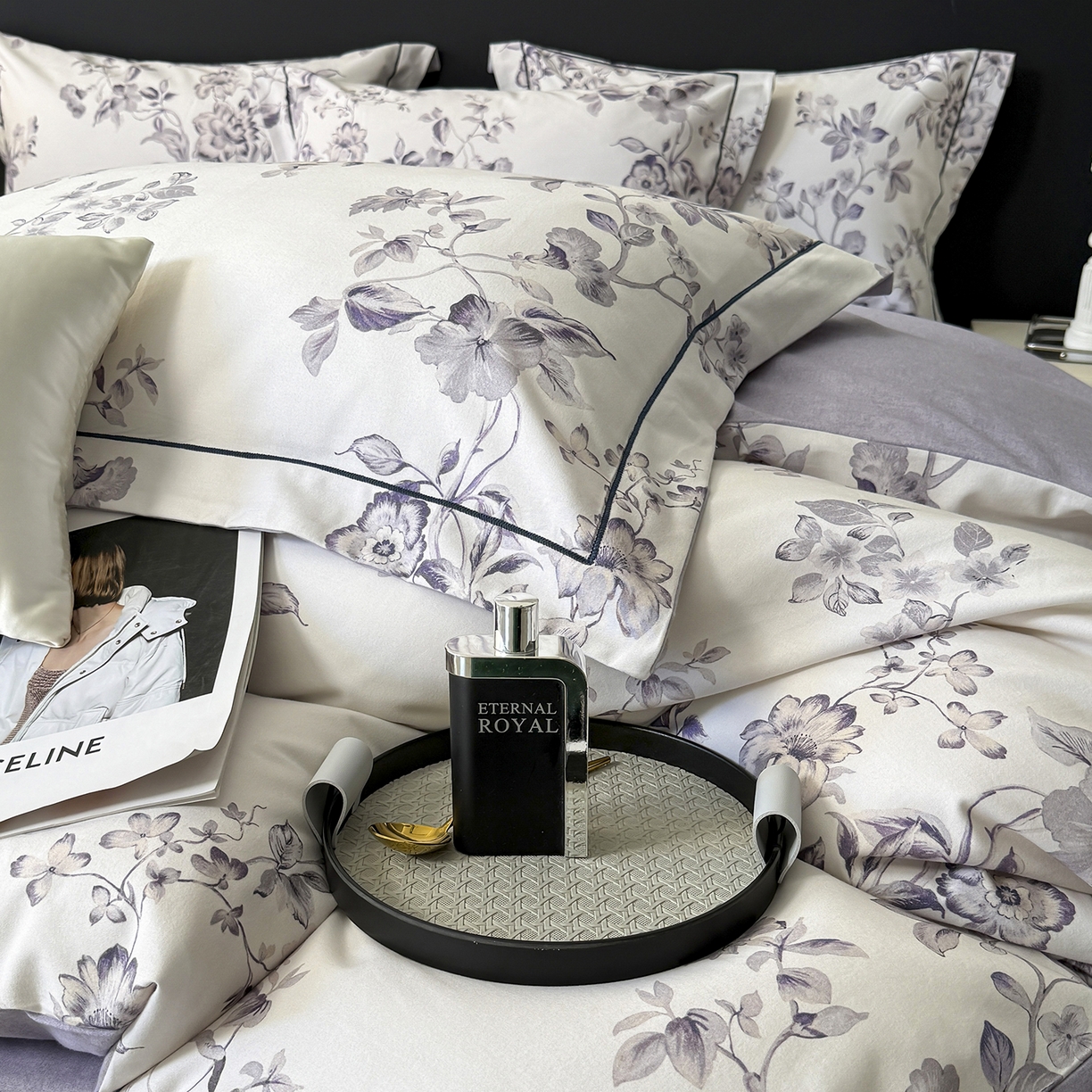 91家纺网 家纺一手货源 找家纺 清雅福2025新款A类全棉磨毛数码印花四件套 薇宁·白