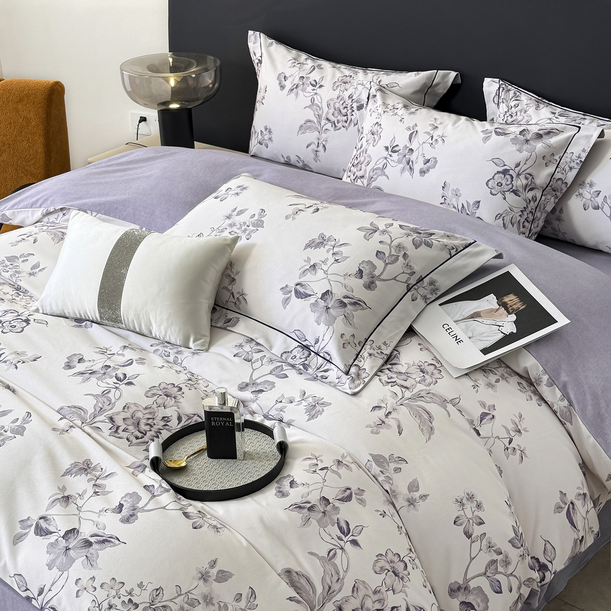 91家纺网 家纺一手货源 找家纺 清雅福2025新款A类全棉磨毛数码印花四件套 薇宁·白