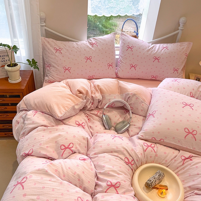 91家纺网 家纺一手货源 找家纺 颜选 2025春夏新款双层纱印花四件套 波点蝴蝶