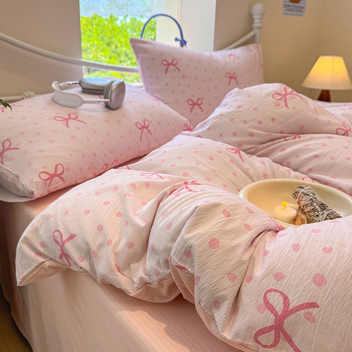 91家纺网 家纺一手货源 找家纺 颜选 2025春夏新款双层纱印花四件套 波点蝴蝶