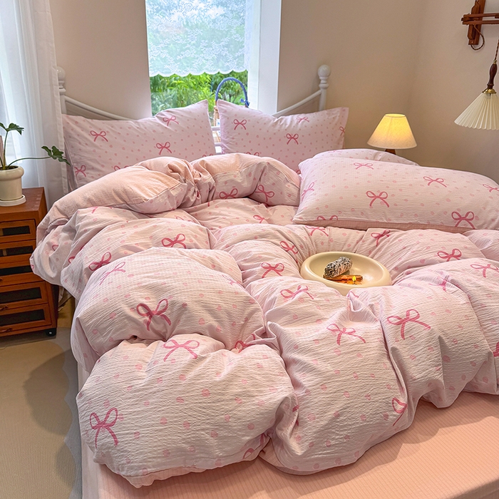 91家纺网 家纺一手货源 找家纺 颜选 2025春夏新款双层纱印花四件套 波点蝴蝶