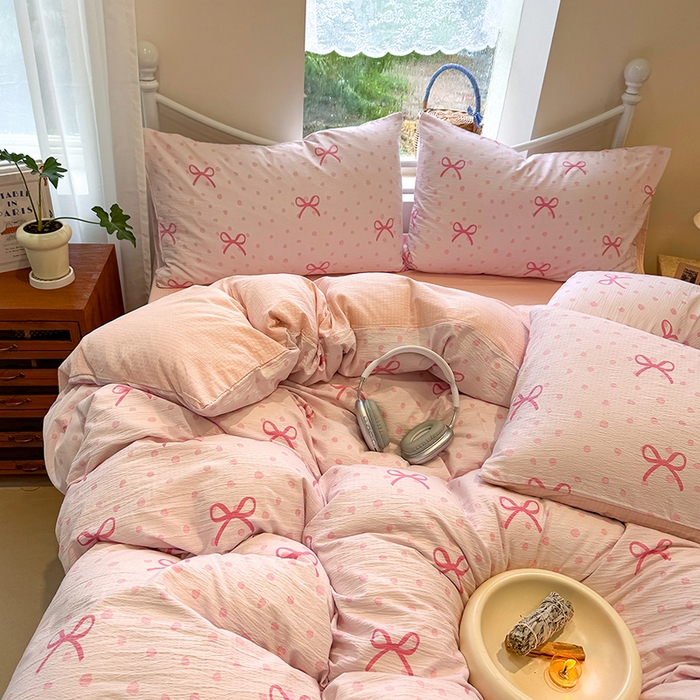 91家纺网 家纺一手货源 找家纺 颜选 2025春夏新款双层纱印花四件套 波点蝴蝶