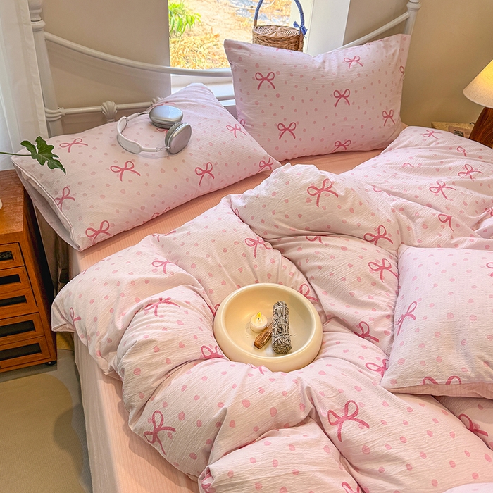 91家纺网 家纺一手货源 找家纺 颜选 2025春夏新款双层纱印花四件套 波点蝴蝶