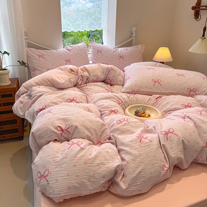 91家纺网 家纺一手货源 找家纺 颜选 2025春夏新款双层纱印花四件套 波点蝴蝶