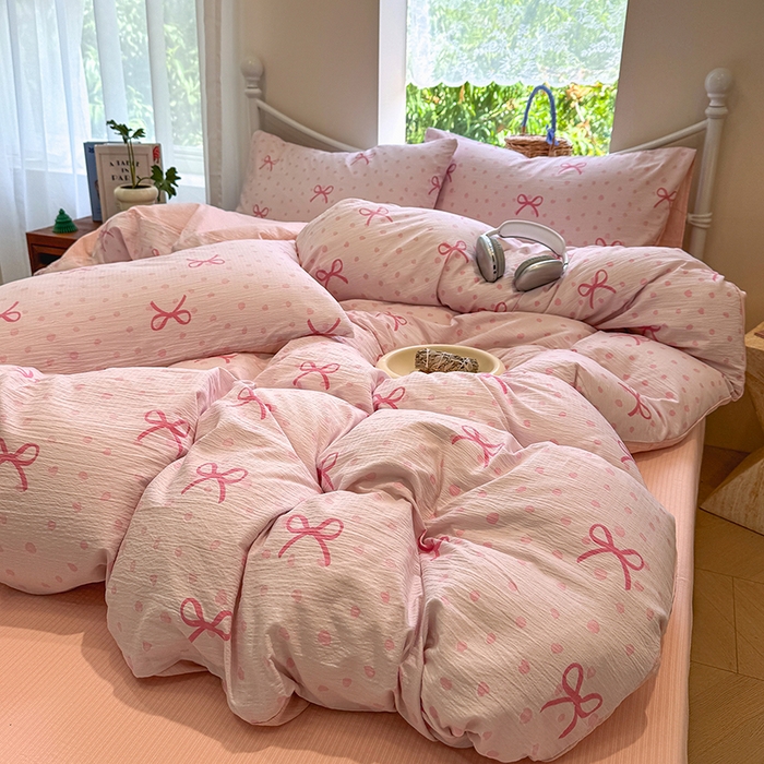 91家纺网 家纺一手货源 找家纺 颜选 2025春夏新款双层纱印花四件套 波点蝴蝶