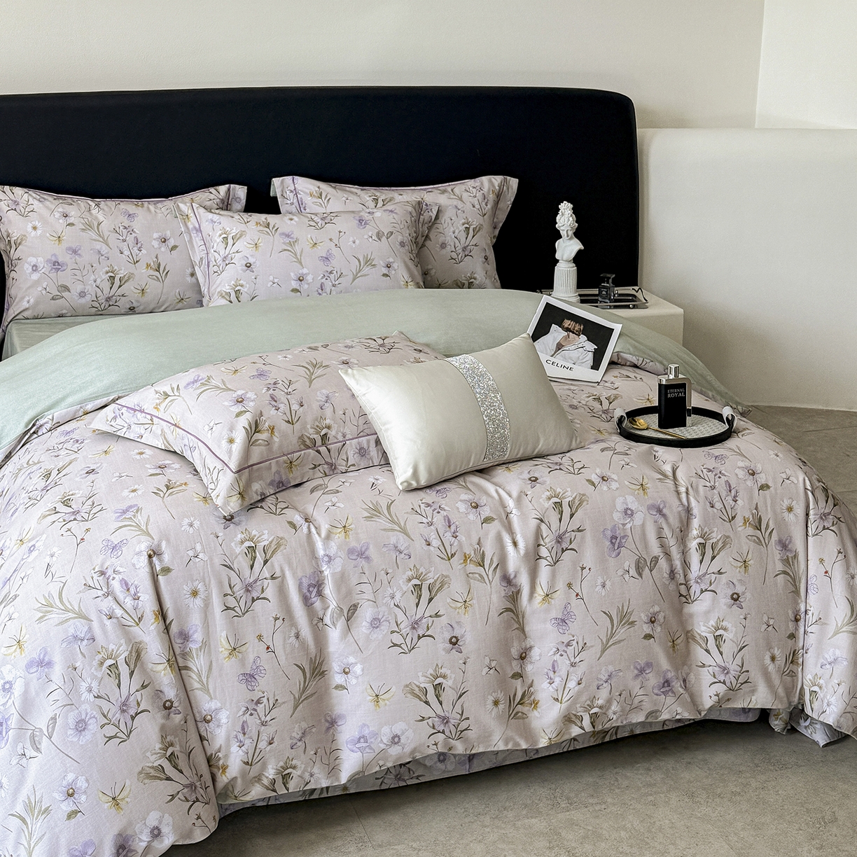 91家纺网 家纺一手货源 找家纺 清雅福2025新款A类全棉磨毛数码印花四件套 唯有暗香·灰