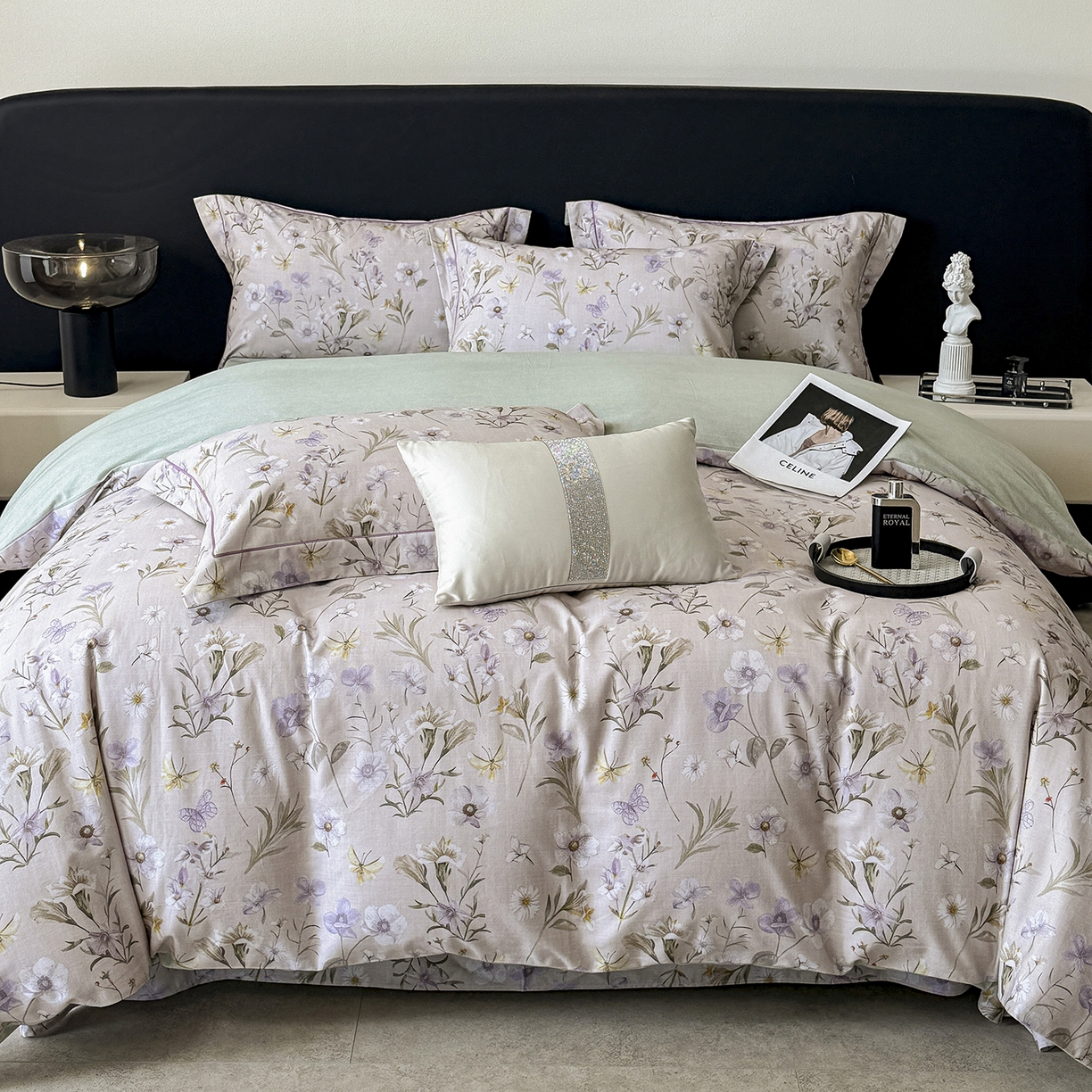 91家纺网 家纺一手货源 找家纺 清雅福2025新款A类全棉磨毛数码印花四件套 唯有暗香·灰