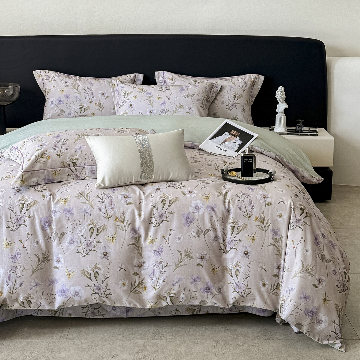 91家纺网 家纺一手货源 找家纺 清雅福2025新款A类全棉磨毛数码印花四件套 唯有暗香·灰