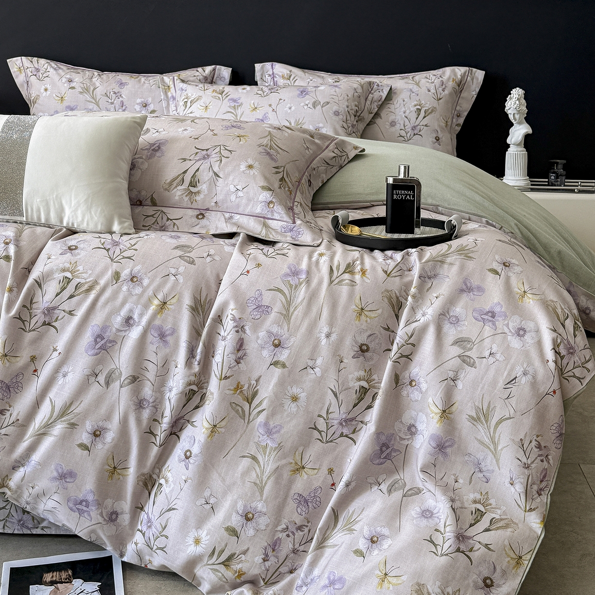 91家纺网 家纺一手货源 找家纺 清雅福2025新款A类全棉磨毛数码印花四件套 唯有暗香·灰