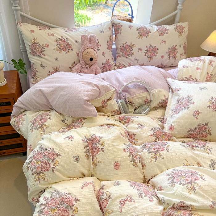 91家纺网 家纺一手货源 找家纺 颜选 2025春夏新款双层纱印花四件套 淡雅花笺