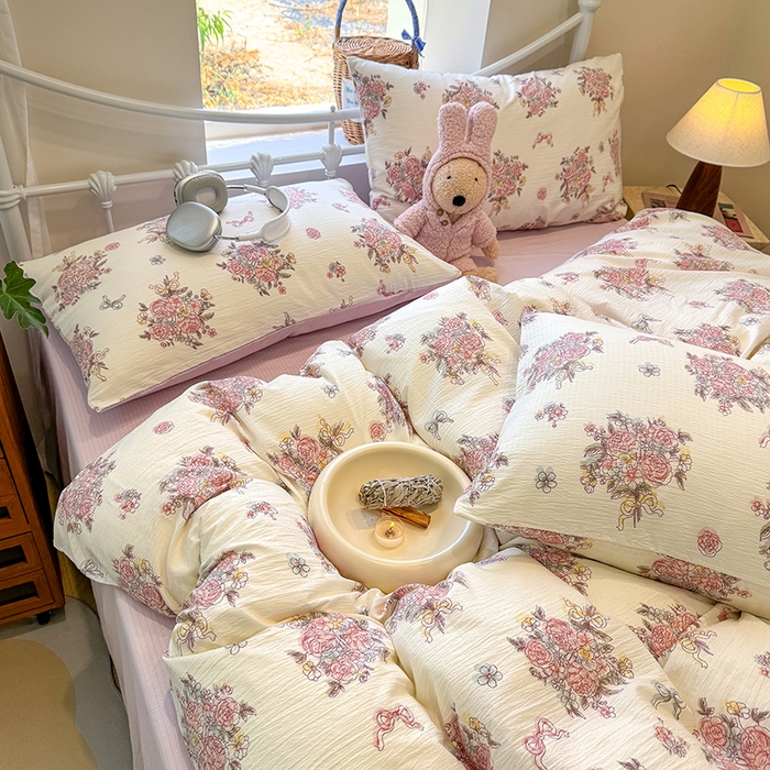 91家纺网 家纺一手货源 找家纺 颜选 2025春夏新款双层纱印花四件套 淡雅花笺