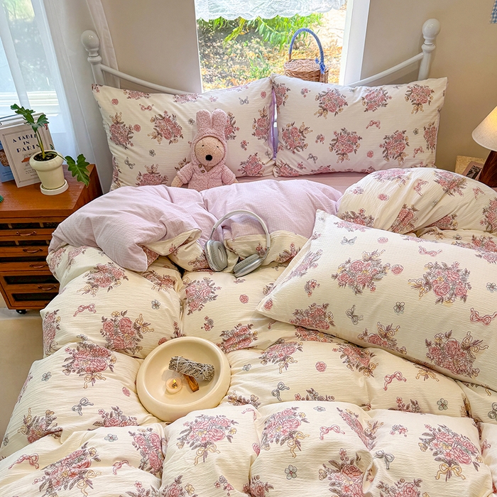 91家纺网 家纺一手货源 找家纺 颜选 2025春夏新款双层纱印花四件套 淡雅花笺