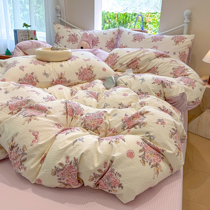 91家纺网 家纺一手货源 找家纺 颜选 2025春夏新款双层纱印花四件套 淡雅花笺