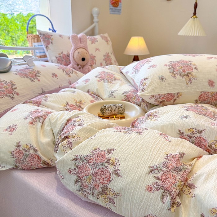 91家纺网 家纺一手货源 找家纺 颜选 2025春夏新款双层纱印花四件套 淡雅花笺