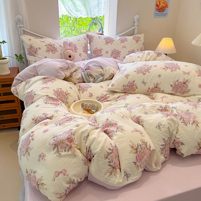 91家纺网 家纺一手货源 找家纺 颜选 2025春夏新款双层纱印花四件套 淡雅花笺