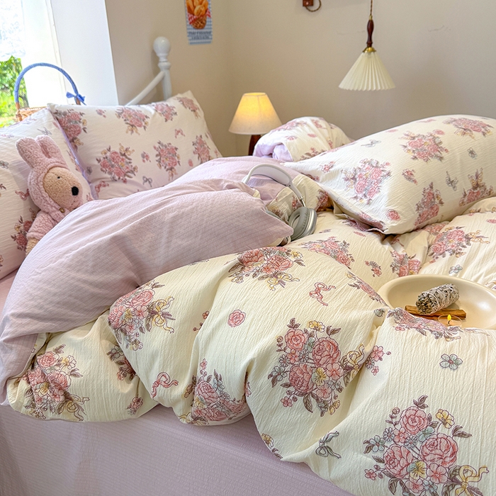 91家纺网 家纺一手货源 找家纺 颜选 2025春夏新款双层纱印花四件套 淡雅花笺