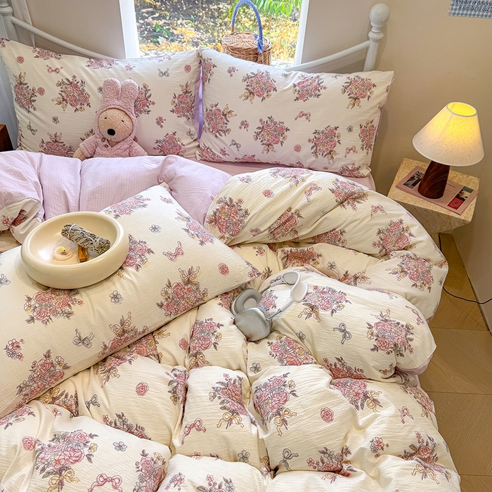 91家纺网 家纺一手货源 找家纺 颜选 2025春夏新款双层纱印花四件套 淡雅花笺