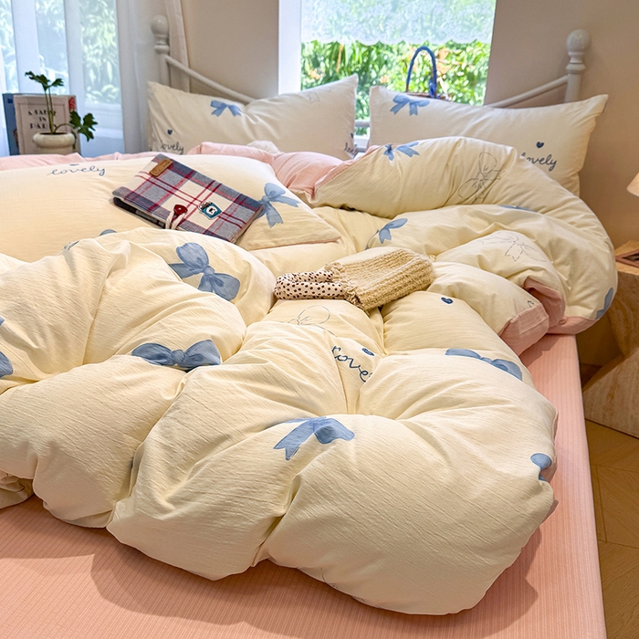 91家纺网 家纺一手货源 找家纺 颜选 2025春夏新款双层纱印花四件套 粉+星语结梦