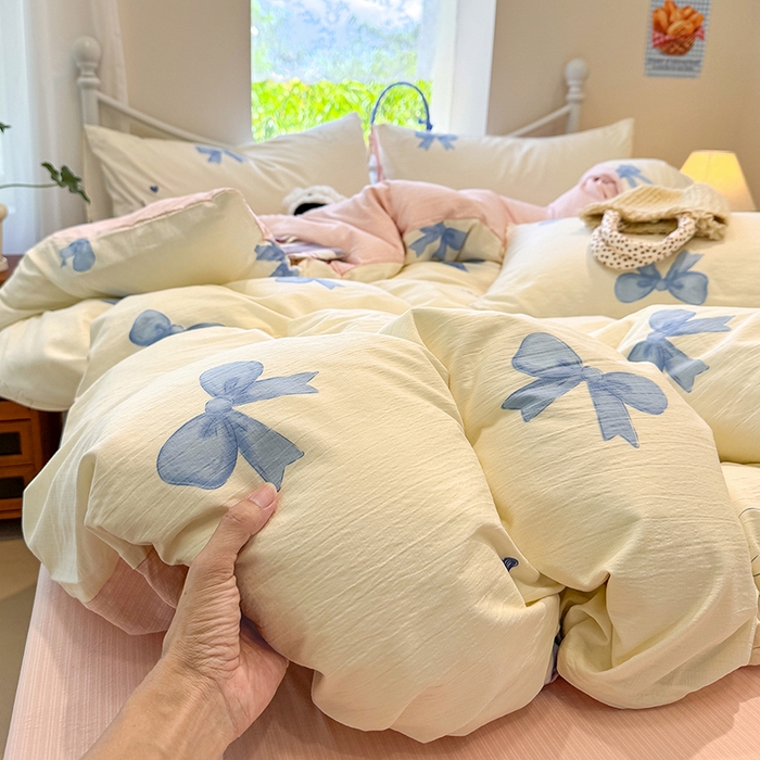 91家纺网 家纺一手货源 找家纺 颜选 2025春夏新款双层纱印花四件套 粉+星语结梦