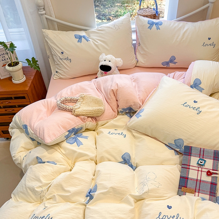 91家纺网 家纺一手货源 找家纺 颜选 2025春夏新款双层纱印花四件套 粉+星语结梦