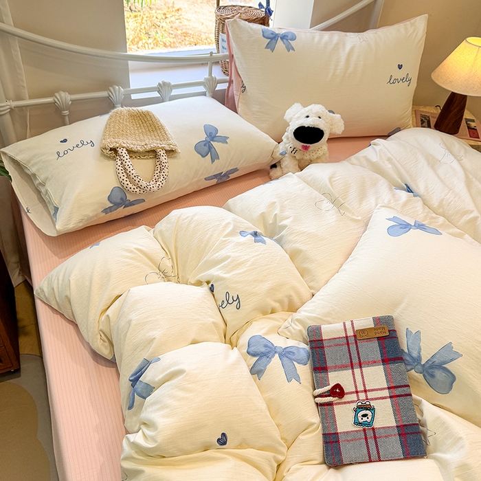 91家纺网 家纺一手货源 找家纺 颜选 2025春夏新款双层纱印花四件套 粉+星语结梦