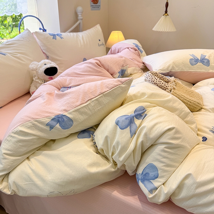 91家纺网 家纺一手货源 找家纺 颜选 2025春夏新款双层纱印花四件套 粉+星语结梦