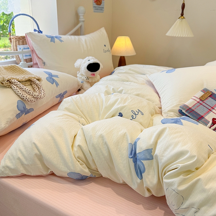 91家纺网 家纺一手货源 找家纺 颜选 2025春夏新款双层纱印花四件套 粉+星语结梦