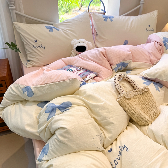 91家纺网 家纺一手货源 找家纺 颜选 2025春夏新款双层纱印花四件套 粉+星语结梦