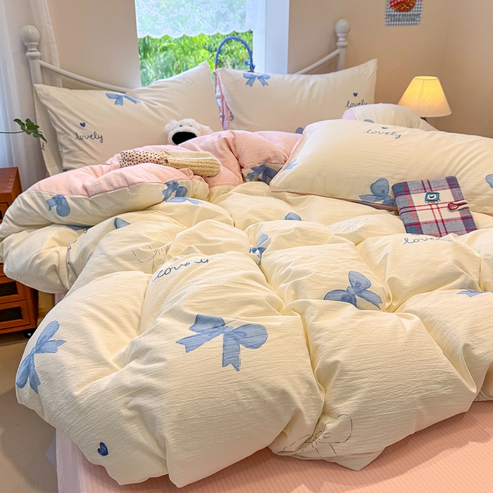 91家纺网 家纺一手货源 找家纺 颜选 2025春夏新款双层纱印花四件套 粉+星语结梦