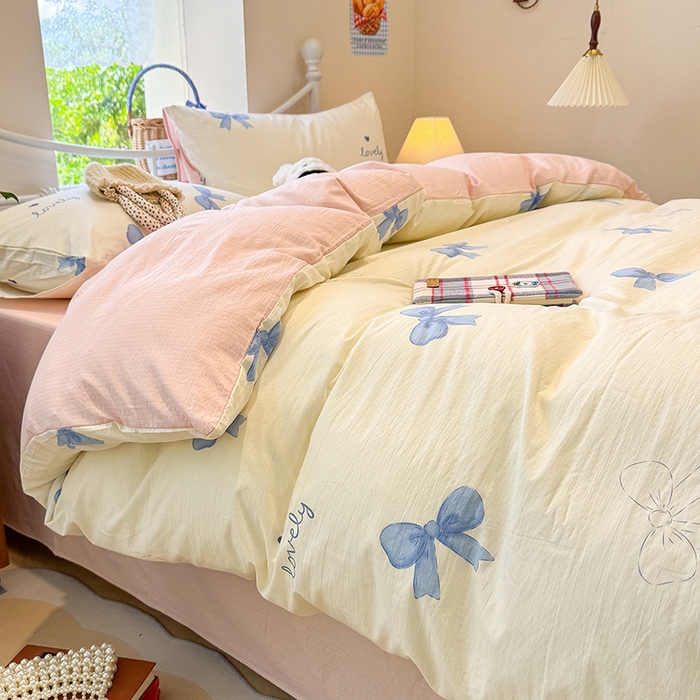 91家纺网 家纺一手货源 找家纺 颜选 2025春夏新款双层纱印花四件套 粉+星语结梦