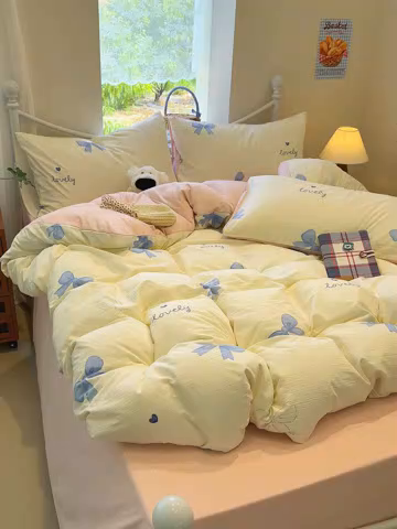 91家纺网 家纺一手货源 找家纺 颜选 2025春夏新款双层纱印花四件套 粉+星语结梦