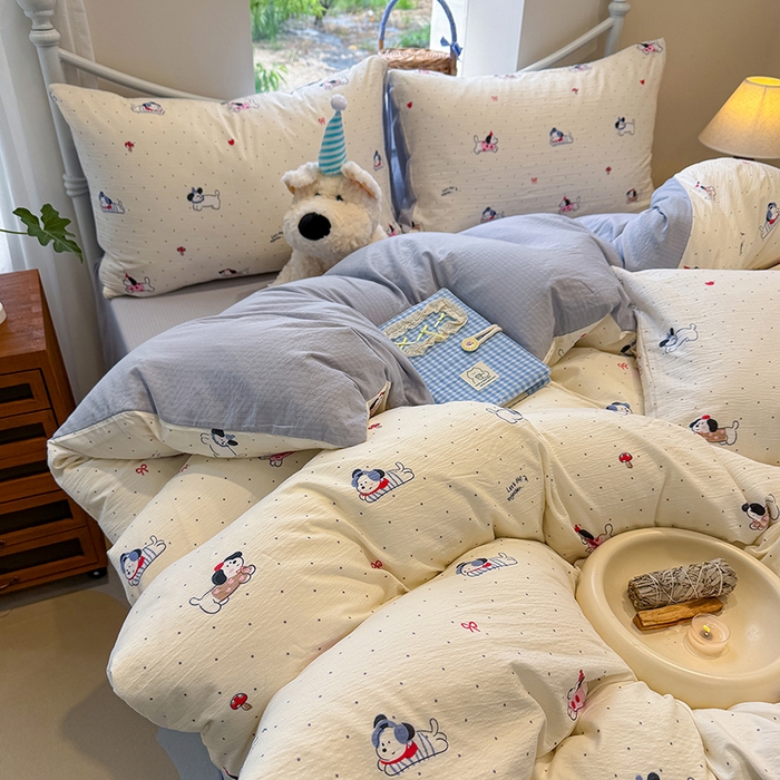 91家纺网 家纺一手货源 找家纺 颜选 2025春夏新款双层纱印花四件套 狗狗派对