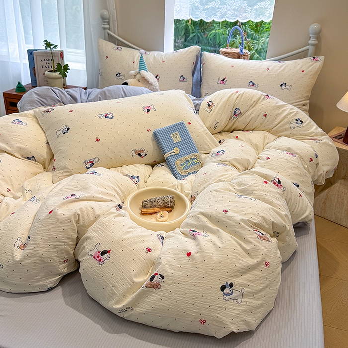 91家纺网 家纺一手货源 找家纺 颜选 2025春夏新款双层纱印花四件套 狗狗派对