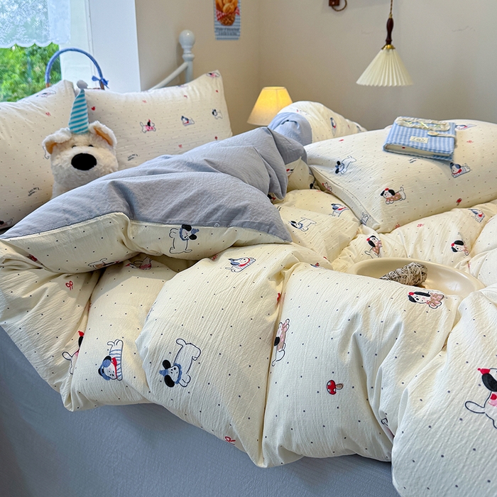 91家纺网 家纺一手货源 找家纺 颜选 2025春夏新款双层纱印花四件套 狗狗派对