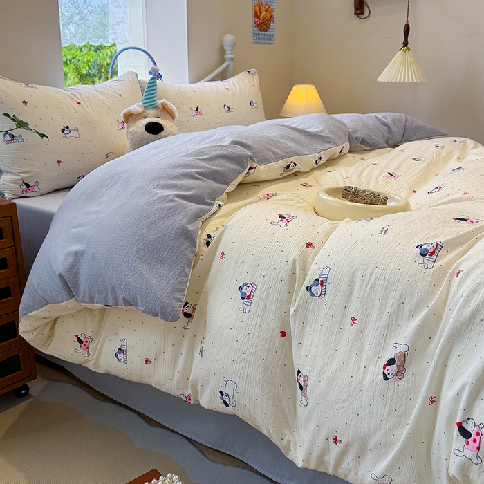 91家纺网 家纺一手货源 找家纺 颜选 2025春夏新款双层纱印花四件套 狗狗派对