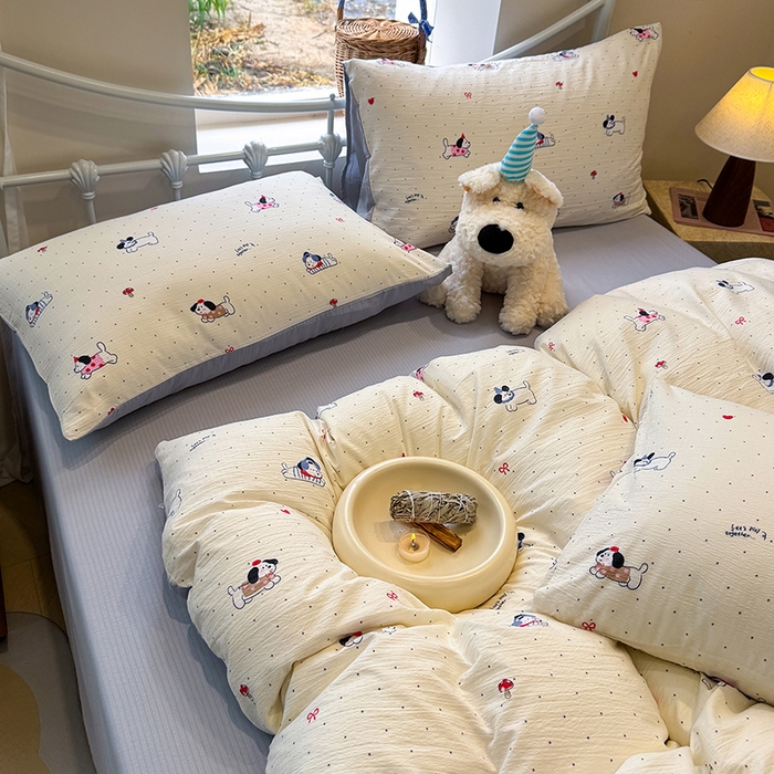 91家纺网 家纺一手货源 找家纺 颜选 2025春夏新款双层纱印花四件套 狗狗派对