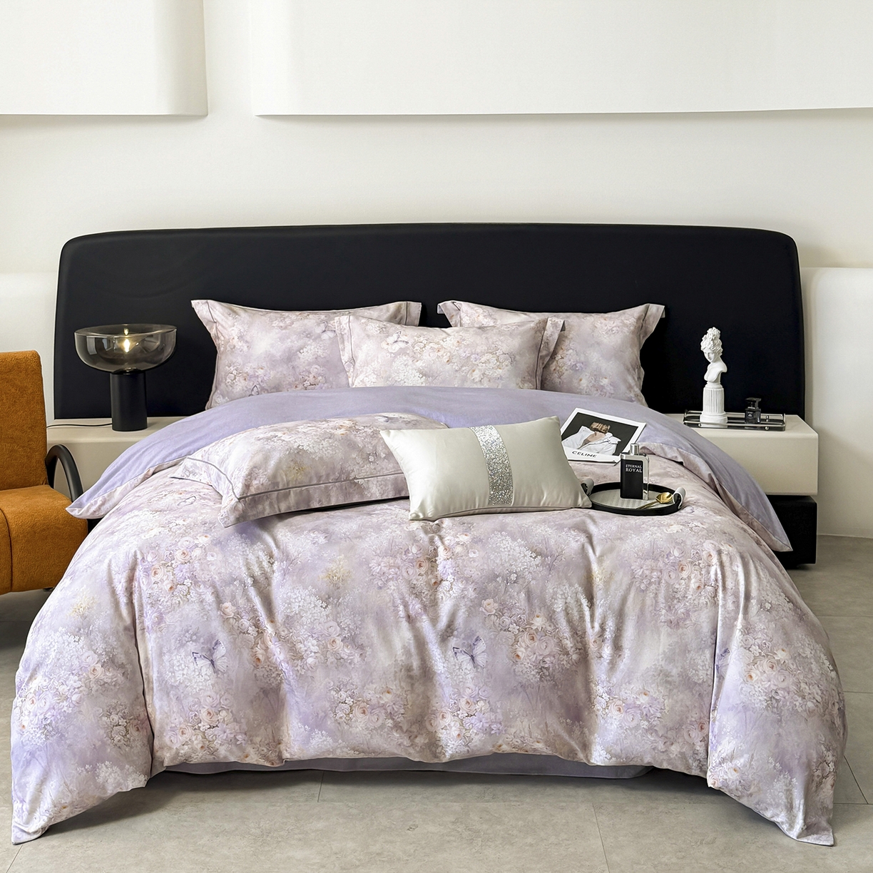 清雅福2025新款A类全棉磨毛数码印花四件套 雾野花蝶·紫