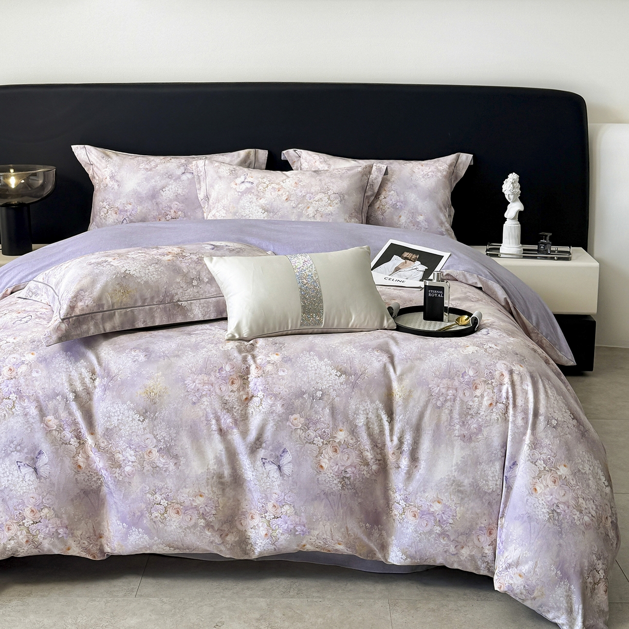 91家纺网 家纺一手货源 找家纺 清雅福2025新款A类全棉磨毛数码印花四件套 雾野花蝶·紫