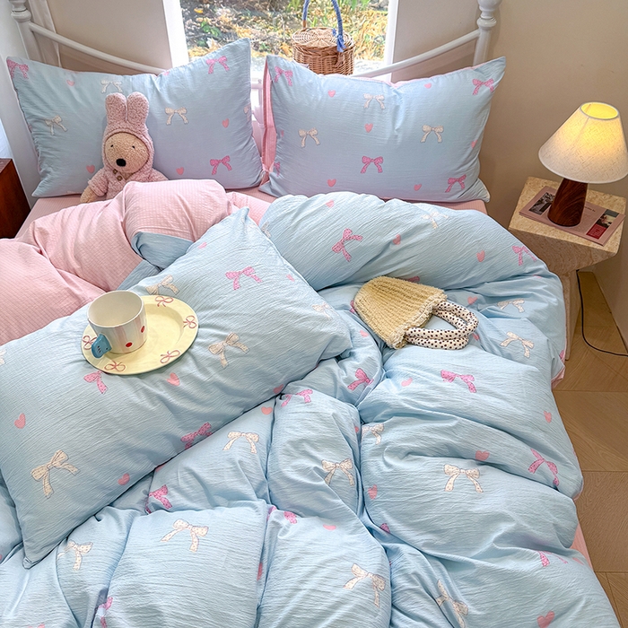 91家纺网 家纺一手货源 找家纺 颜选 2025春夏新款双层纱印花四件套 蝴蝶结