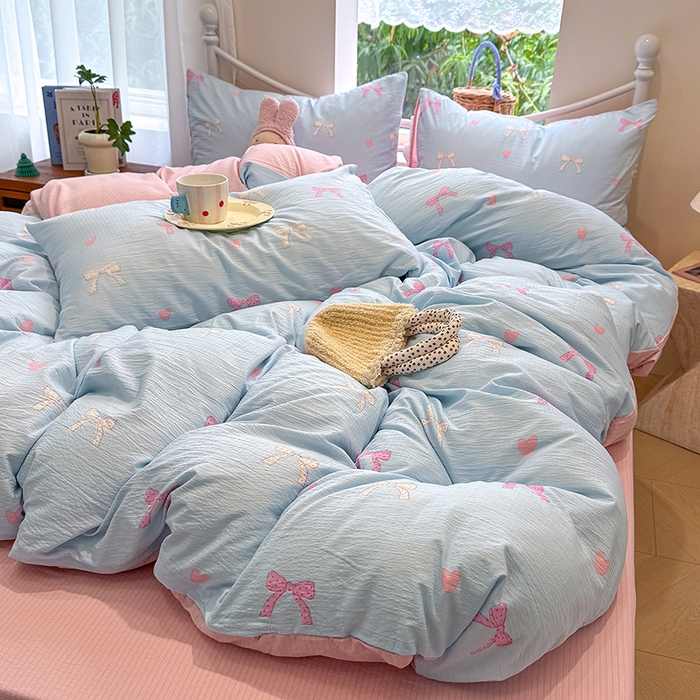 91家纺网 家纺一手货源 找家纺 颜选 2025春夏新款双层纱印花四件套 蝴蝶结