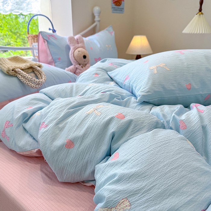 91家纺网 家纺一手货源 找家纺 颜选 2025春夏新款双层纱印花四件套 蝴蝶结