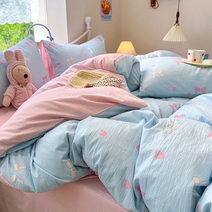 91家纺网 家纺一手货源 找家纺 颜选 2025春夏新款双层纱印花四件套 蝴蝶结