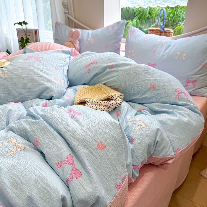 91家纺网 家纺一手货源 找家纺 颜选 2025春夏新款双层纱印花四件套 蝴蝶结