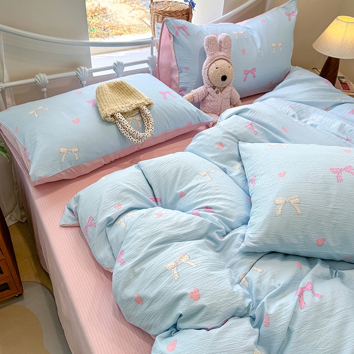 91家纺网 家纺一手货源 找家纺 颜选 2025春夏新款双层纱印花四件套 蝴蝶结