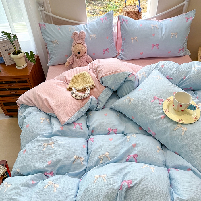 91家纺网 家纺一手货源 找家纺 颜选 2025春夏新款双层纱印花四件套 蝴蝶结