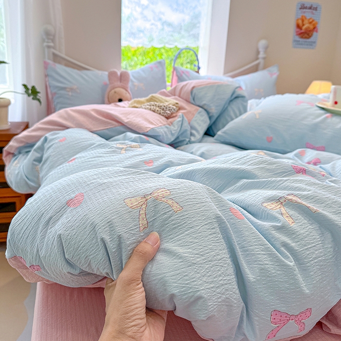 91家纺网 家纺一手货源 找家纺 颜选 2025春夏新款双层纱印花四件套 蝴蝶结