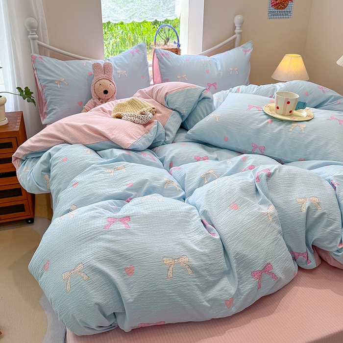 91家纺网 家纺一手货源 找家纺 颜选 2025春夏新款双层纱印花四件套 蝴蝶结