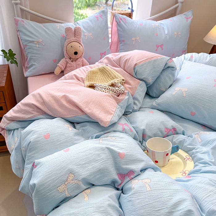 91家纺网 家纺一手货源 找家纺 颜选 2025春夏新款双层纱印花四件套 蝴蝶结