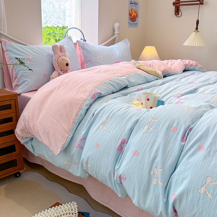 91家纺网 家纺一手货源 找家纺 颜选 2025春夏新款双层纱印花四件套 蝴蝶结